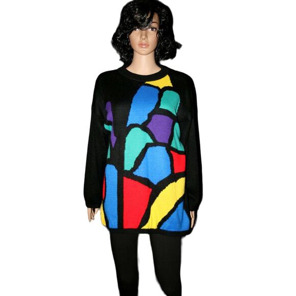 Vintage Colorful Abstract Print Long Sleeve Crew Neck Sweater Dress - Picture 2 of 4